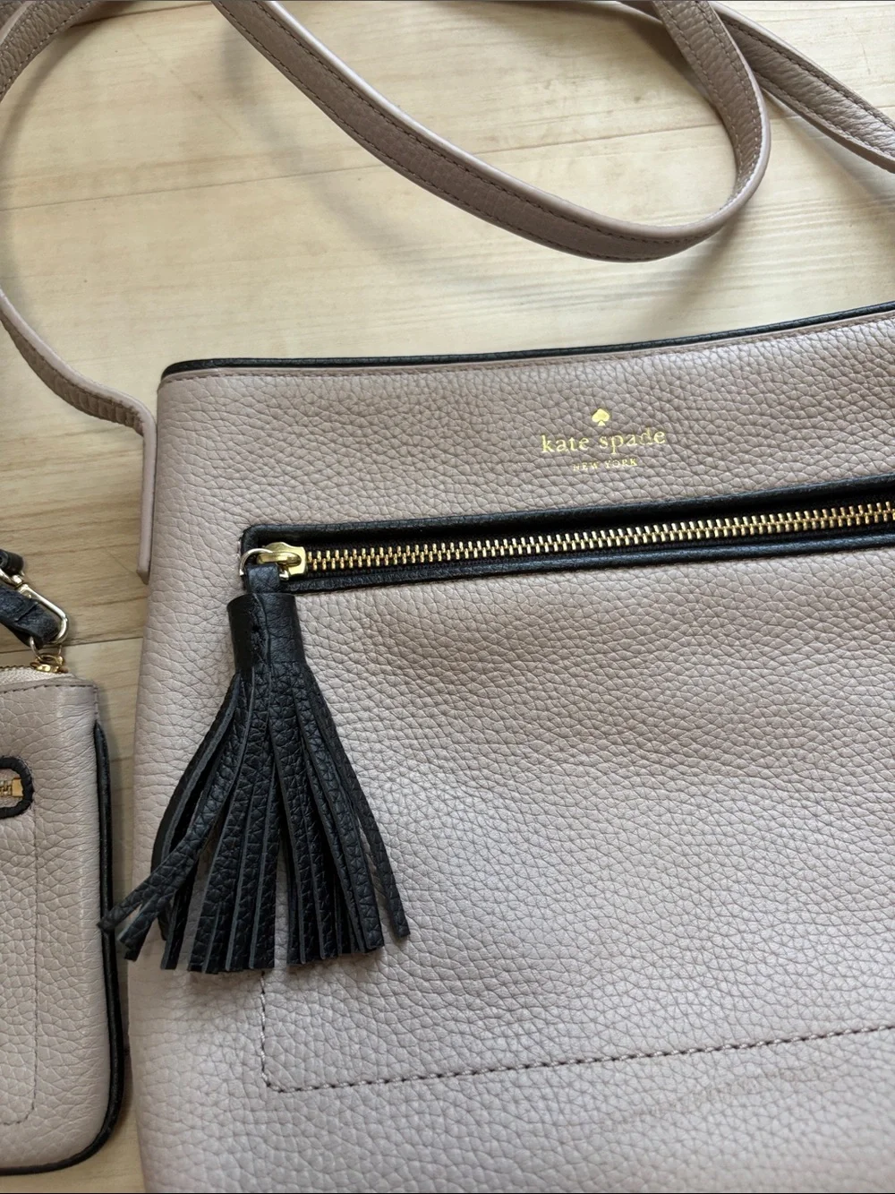 kate spade Pebble Leather Taupe Crossbody with Black Tassel Wristlet